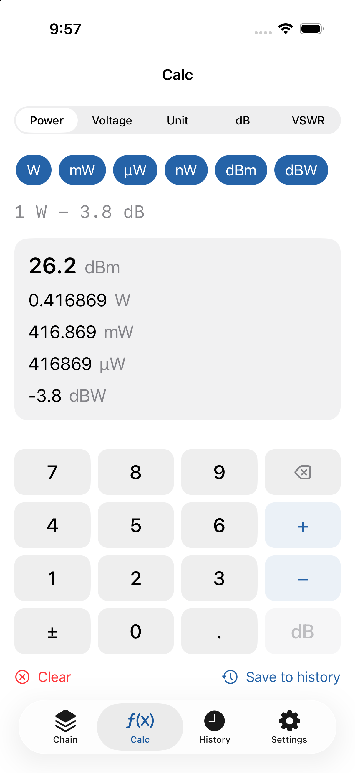 Mixing absolute values and dB (1 W − 3.8 dB → 26.2 dBm)