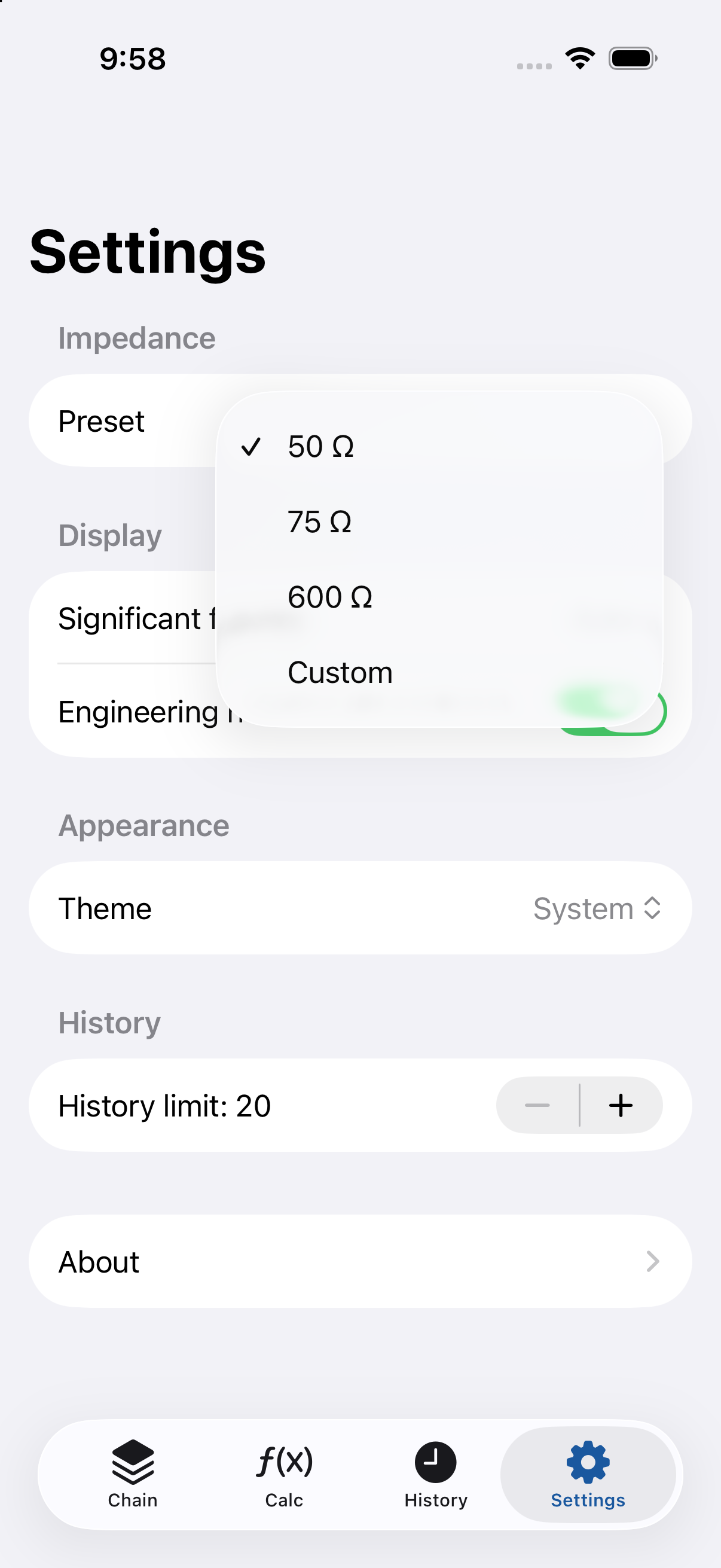 Settings screen
